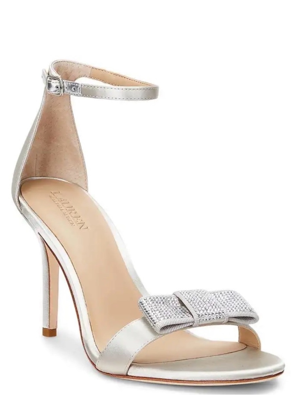 Ralph Lauren Allie Bow Satin Ankle-Strap High Heel Sandals Crystals Bow 8 NEW
